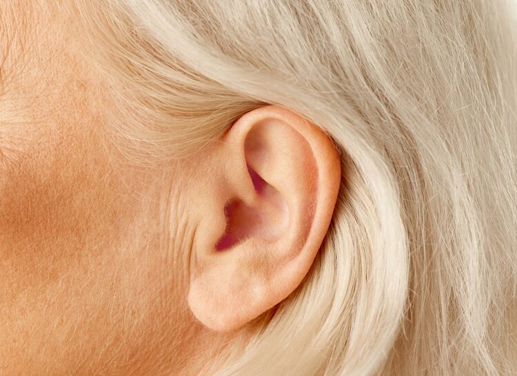 Close-up of female ear. Senior model. Hearing problems and health care, deafness, health check up